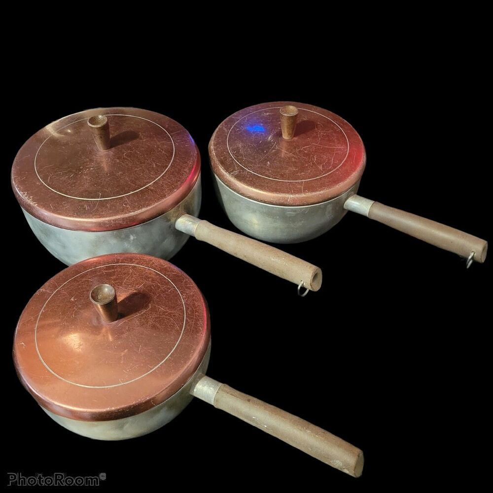 Vtg Wear Ever Aluminum Hallite 6 pc Copper Lid Pots and Pans Cookware 2.5 qt 1.5